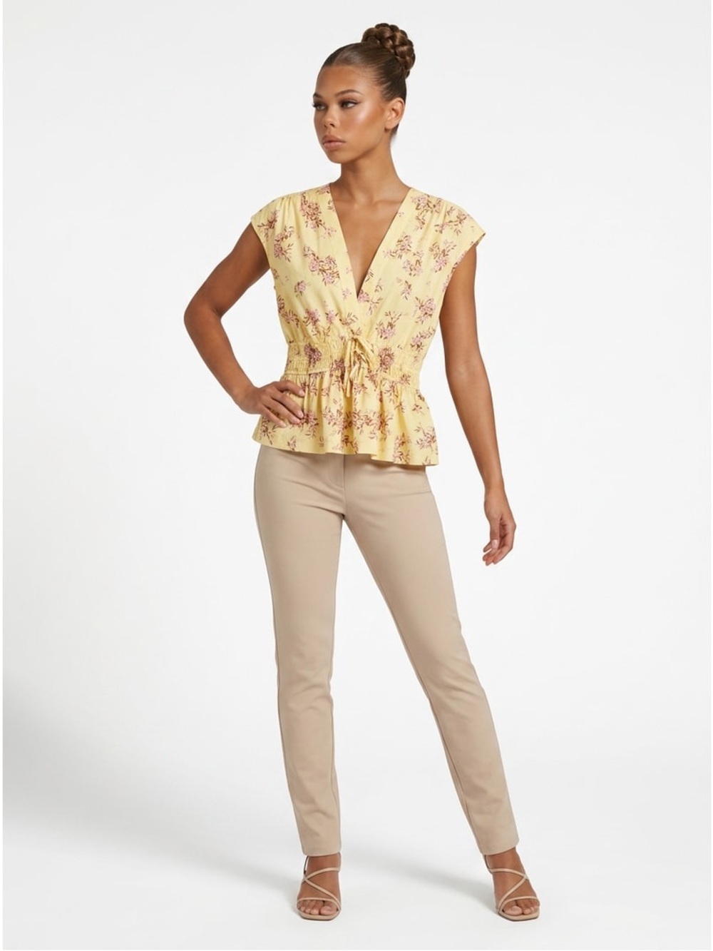 NWT 1. STATE Pale Yellow Floral Smocked Waist Sleeveless Blouse Top Sz L Cotton